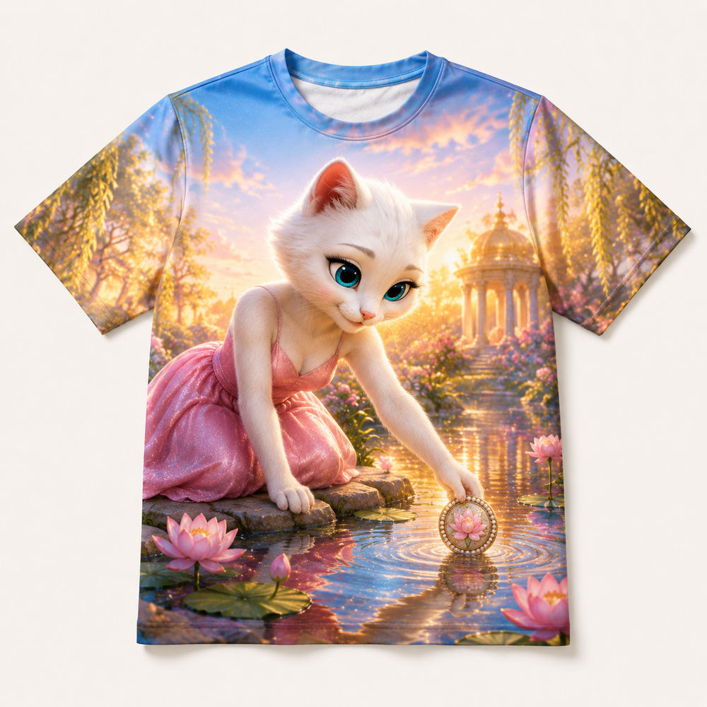 Glowing Pond Wish all-over print T-shirt front view with Mom Cat — The Fluffy Fam