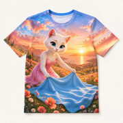 Sunset Picnic Blanket all-over print T-shirt front view with Mom Cat — The Fluffy Fam