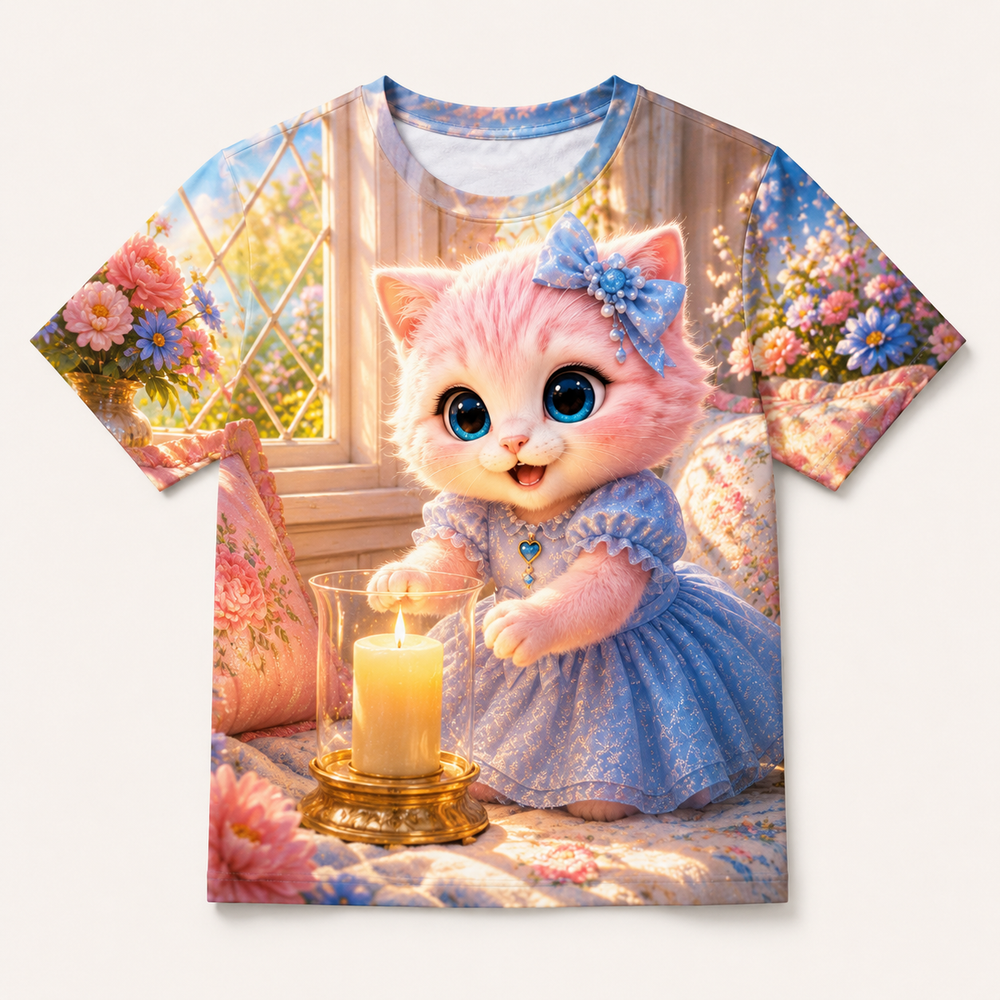 Golden Window Candle all-over print T-shirt front view with Pink Kitten — The Fluffy Fam