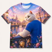Blue-Hour Bridge all-over print T-shirt front view with Dad Cat — The Fluffy Fam