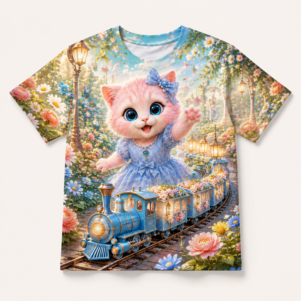 Garden Lantern Train all-over print T-shirt front view with Pink Kitten — The Fluffy Fam