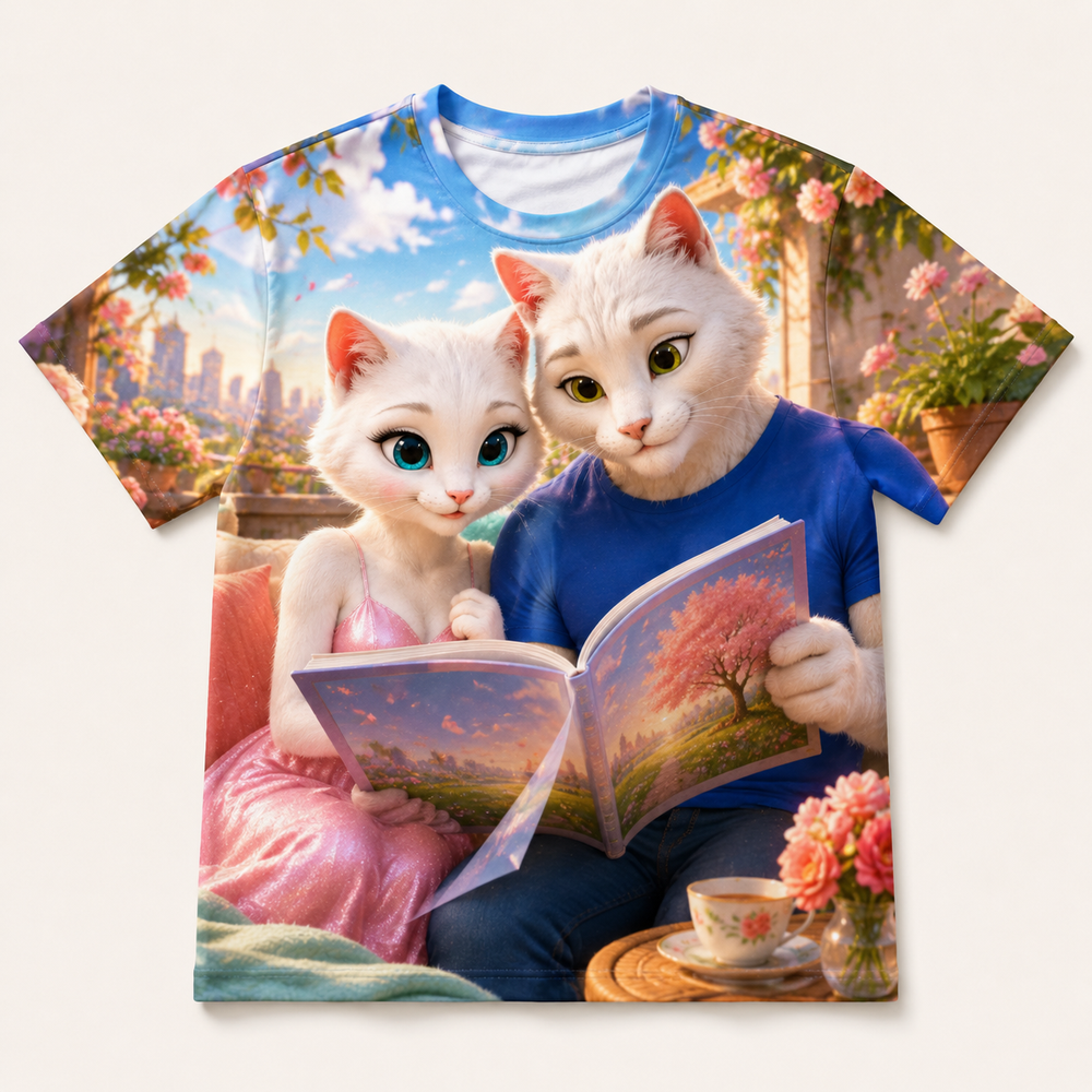Bedtime Terrace Story all-over print T-shirt front view with Dad Cat and Mom Cat — The Fluffy Fam