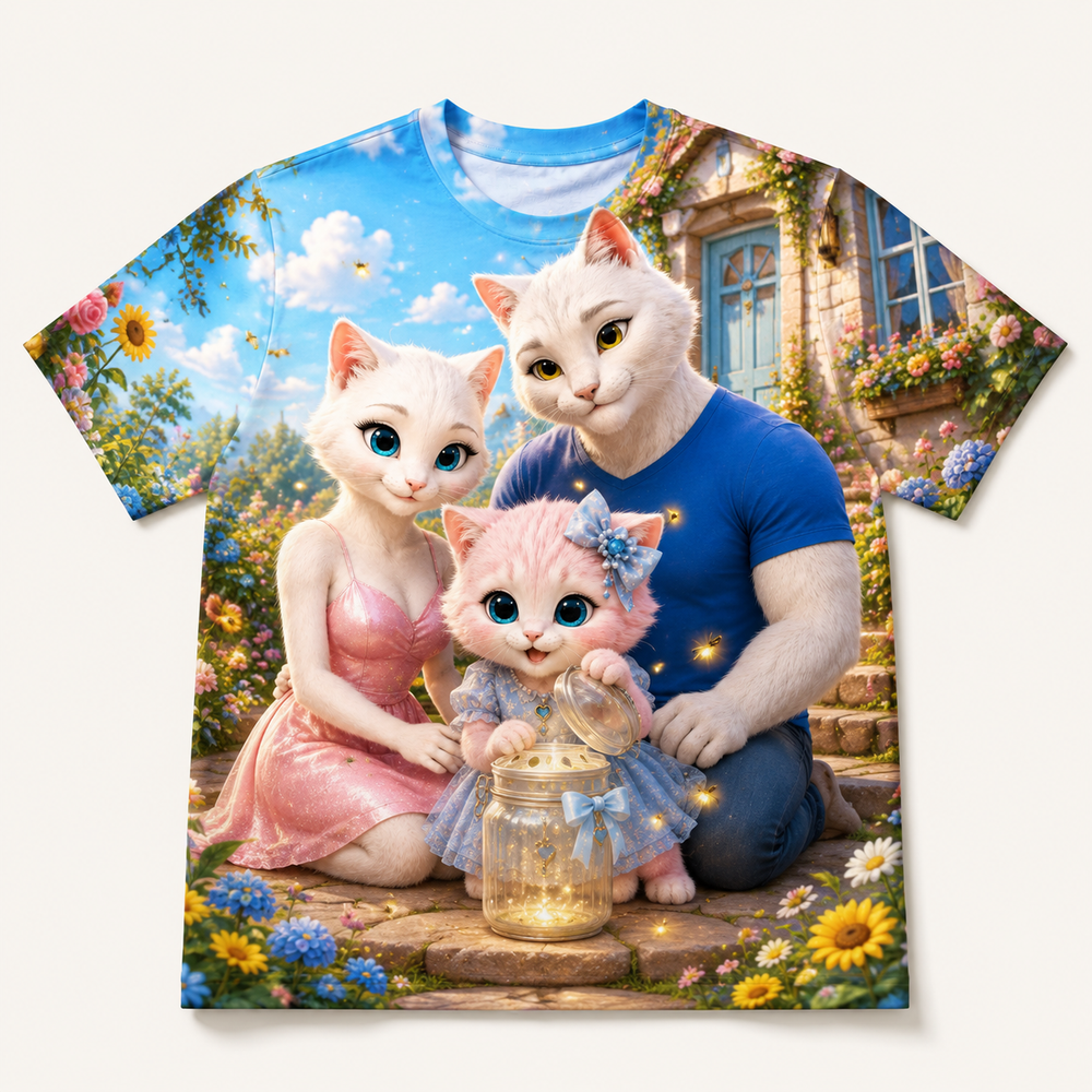 Firefly Jar Release all-over print T-shirt front view with the whole cat family — The Fluffy Fam