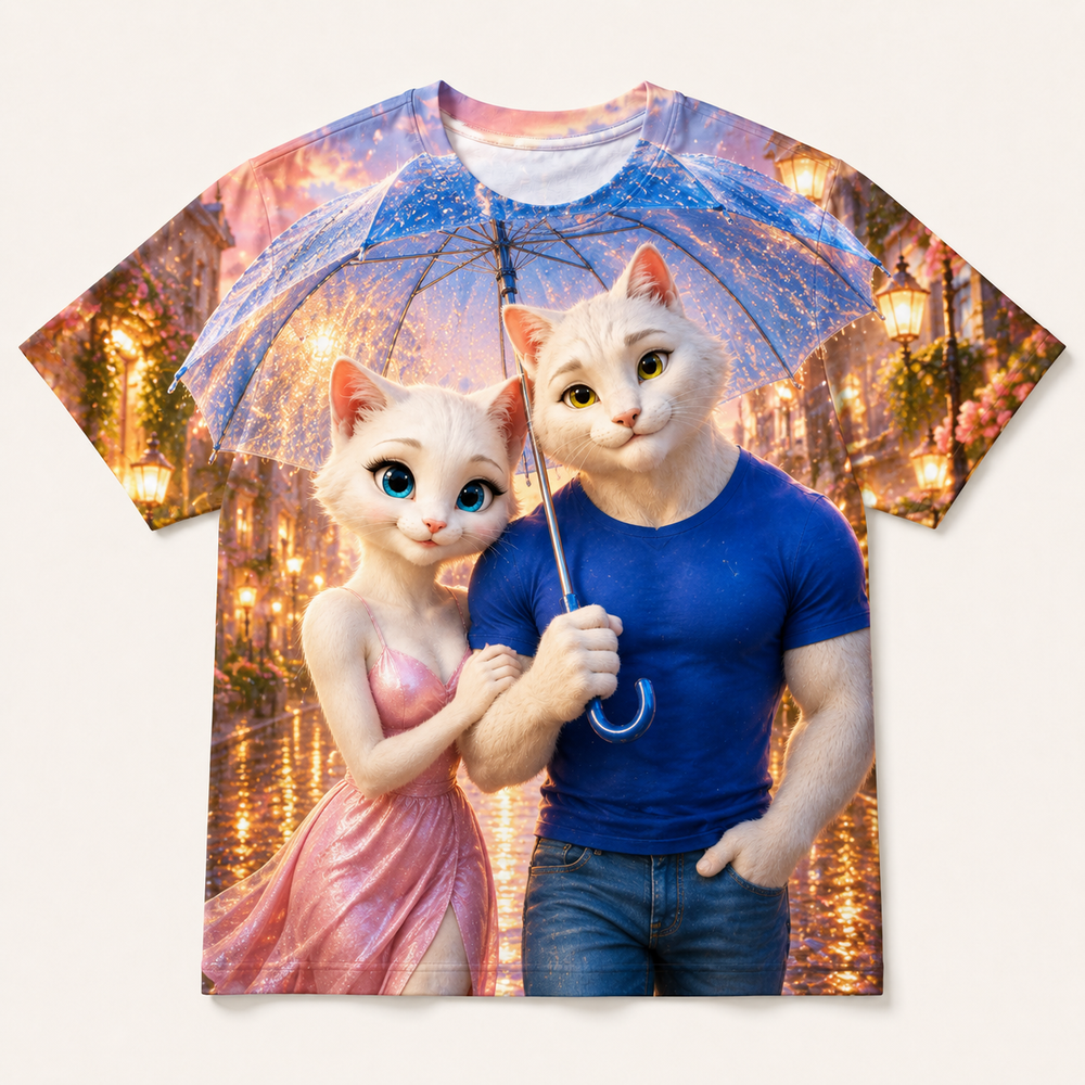 Luminous Umbrella Walk all-over print T-shirt front view with Dad Cat and Mom Cat — The Fluffy Fam