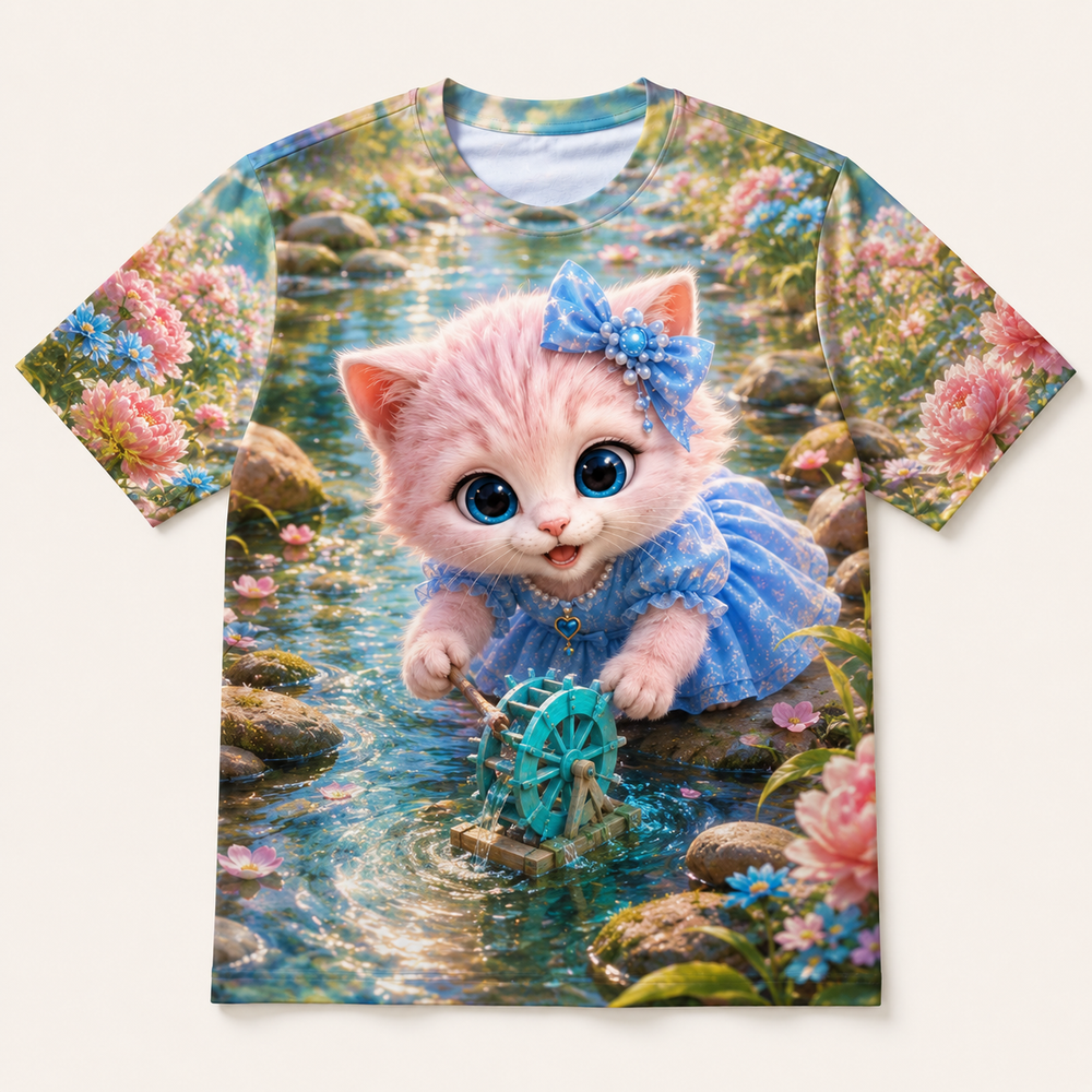 Ribboned Waterwheel all-over print T-shirt front view with Pink Kitten — The Fluffy Fam