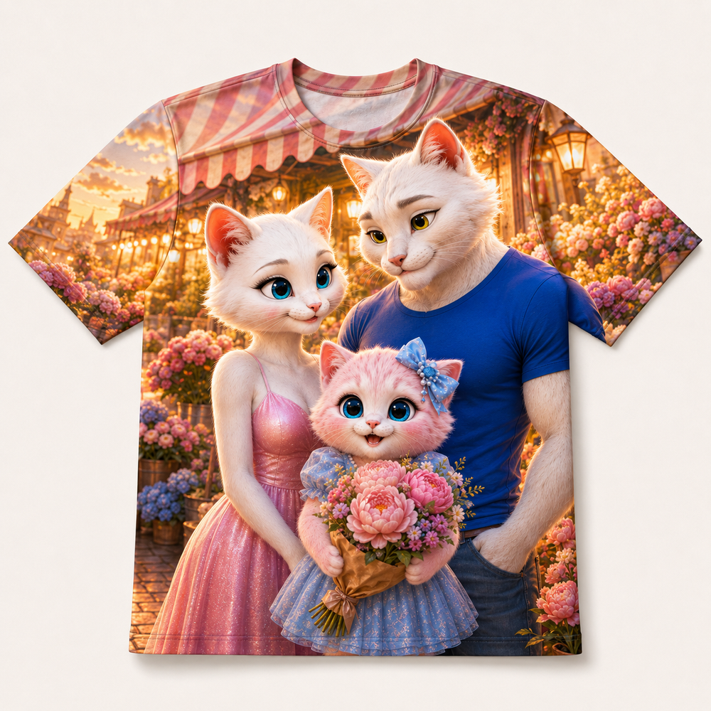 Evening Flower Market all-over print T-shirt front view with the whole cat family — The Fluffy Fam