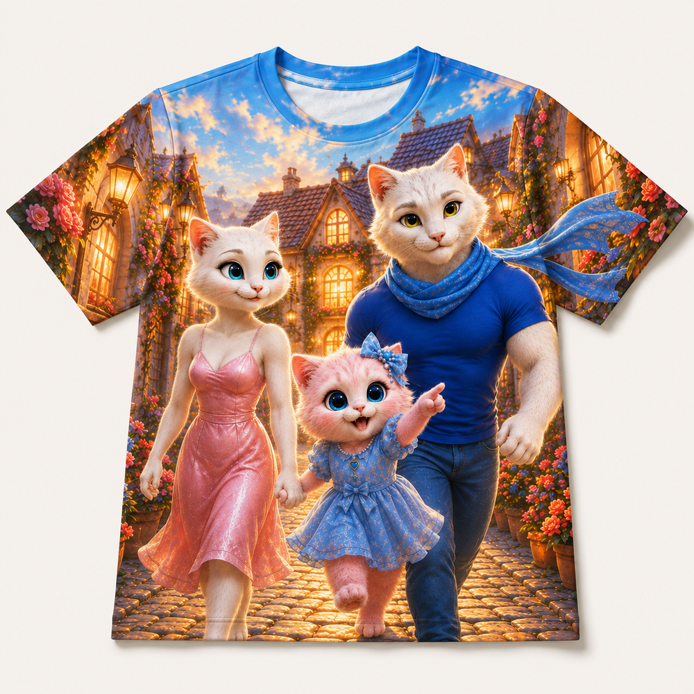 Warm Window Walk all-over print T-shirt front view with the whole cat family — The Fluffy Fam