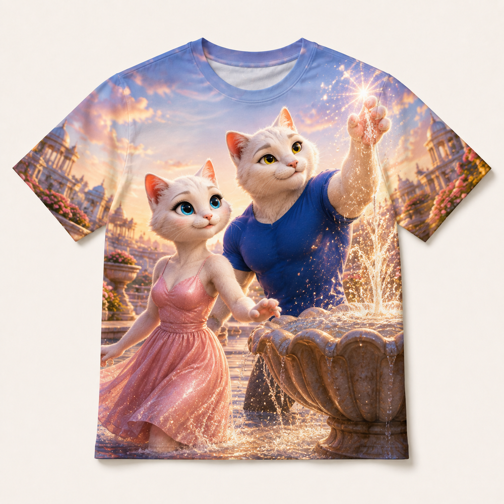 Pearly Fountain Mist all-over print T-shirt front view with Dad Cat and Mom Cat — The Fluffy Fam