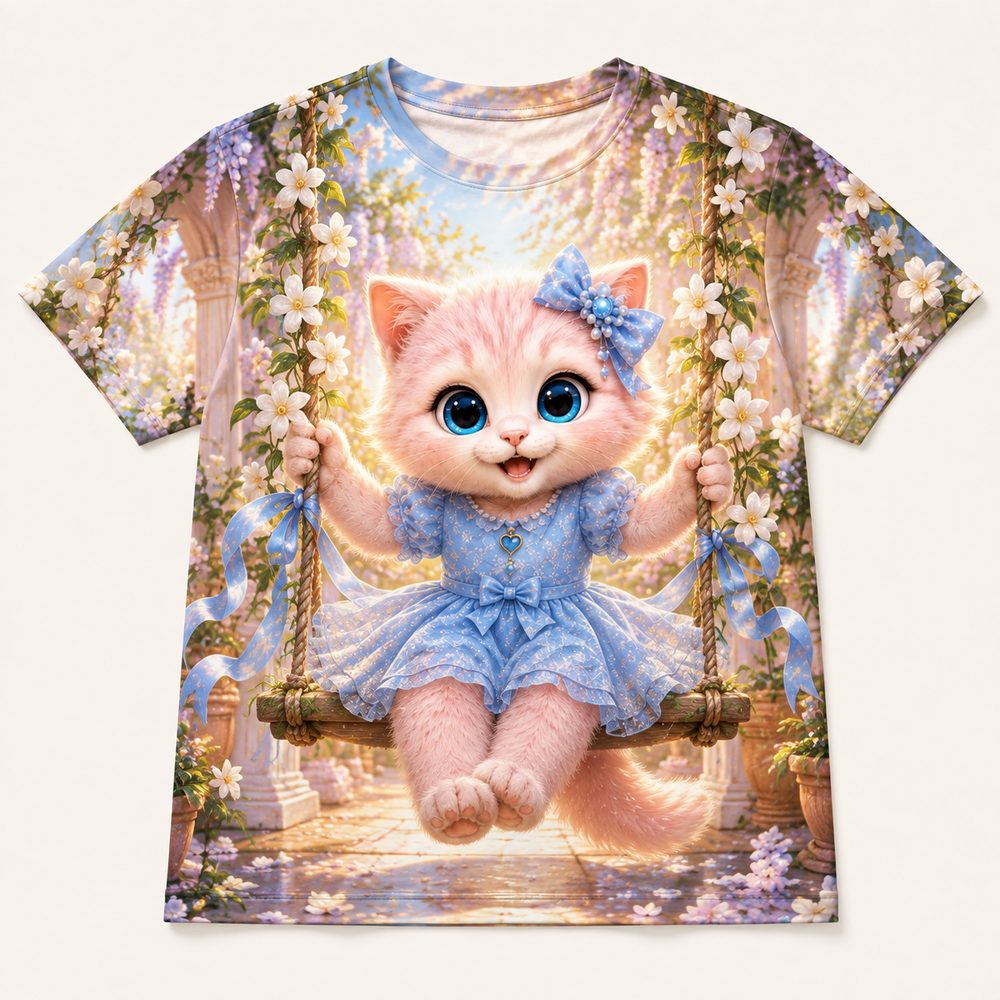 Evening Ribbon Swing all-over print T-shirt front view with Pink Kitten — The Fluffy Fam