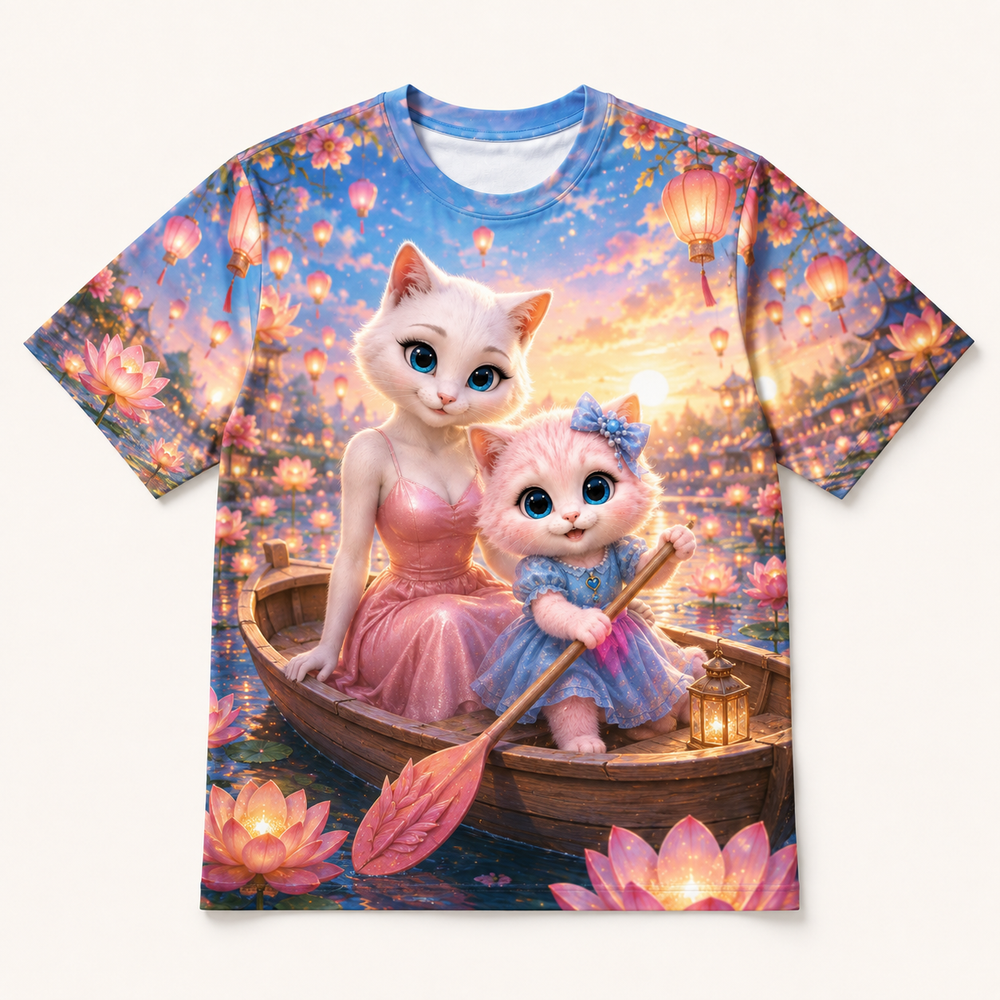 Lotus Boat Glow all-over print T-shirt front view with Mom Cat and Pink Kitten — The Fluffy Fam