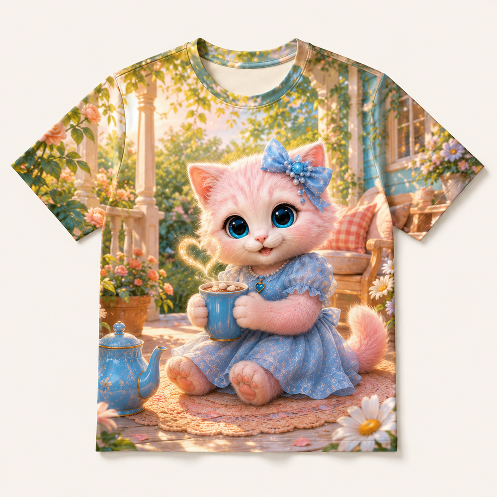 Porch Cocoa Steam all-over print T-shirt front view with Pink Kitten — The Fluffy Fam
