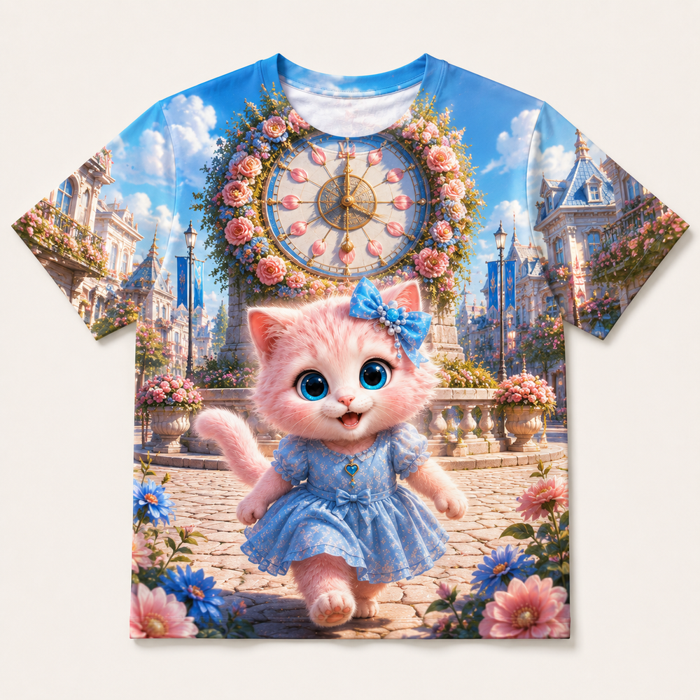 Twilight Clock Chime all-over print T-shirt front view with Pink Kitten — The Fluffy Fam