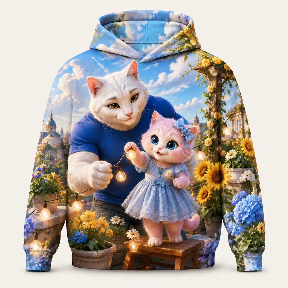 Rooftop String Lights all-over print hoodie front view with Dad Cat and Pink Kitten — The Fluffy Fam