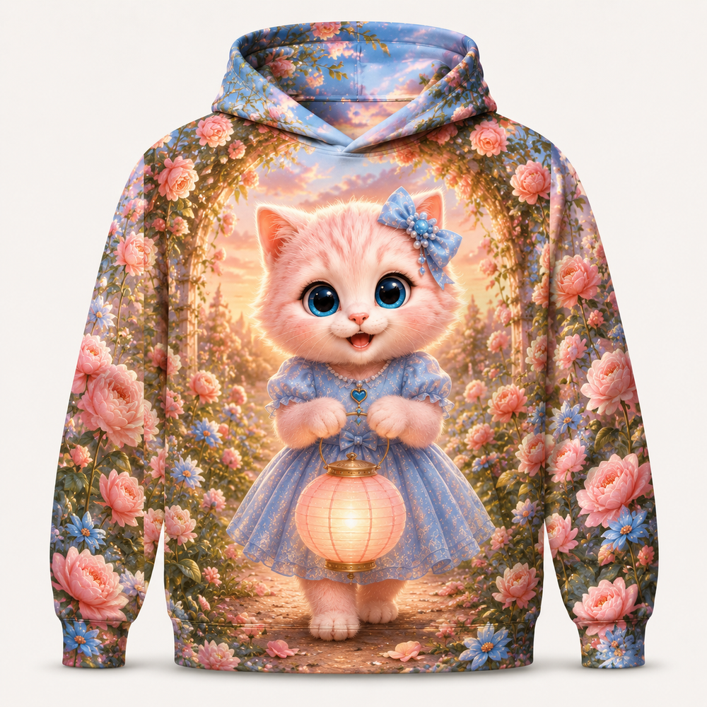 Garden Arch Lantern all-over print hoodie front view with Pink Kitten — The Fluffy Fam