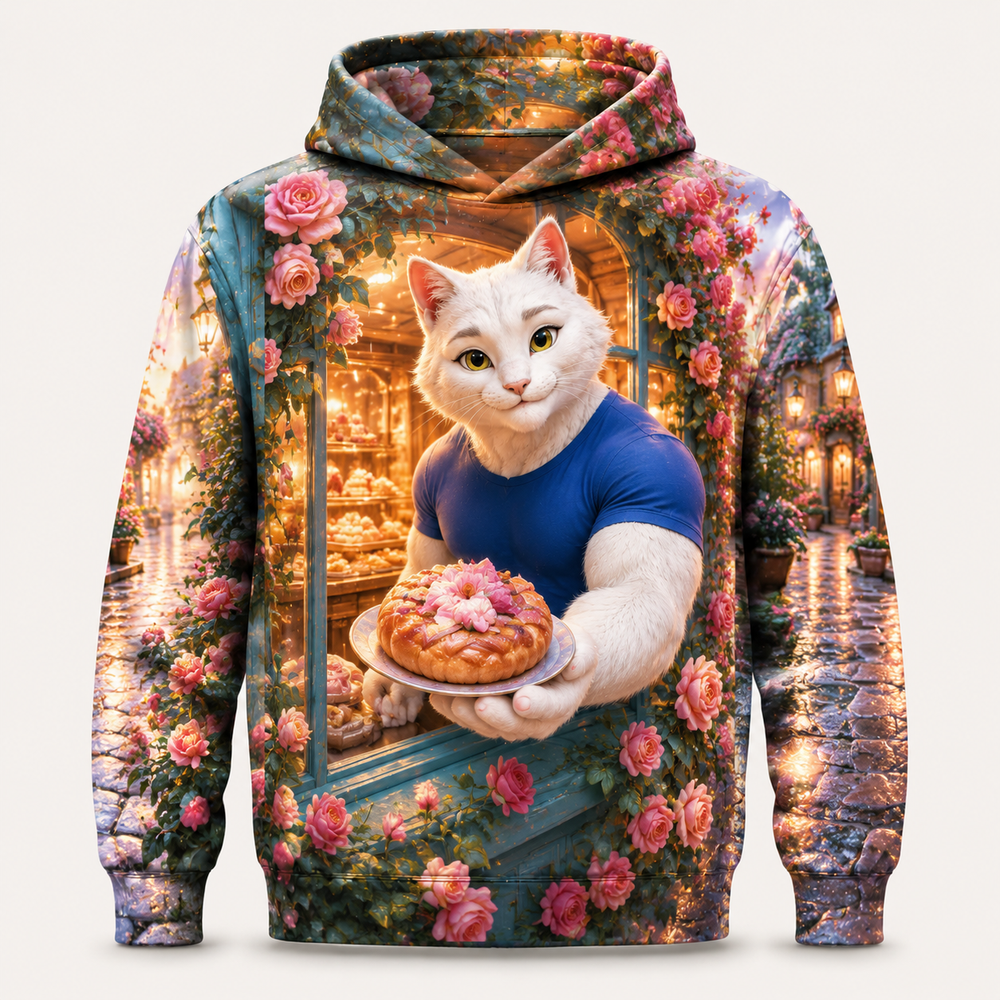 Evening Bakery Window all-over print hoodie front view with Dad Cat — The Fluffy Fam