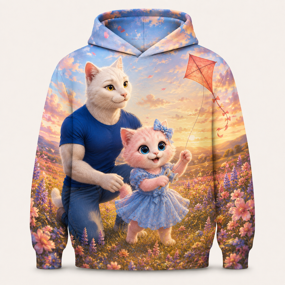 Dusk Kite Return all-over print hoodie front view with Dad Cat and Pink Kitten — The Fluffy Fam