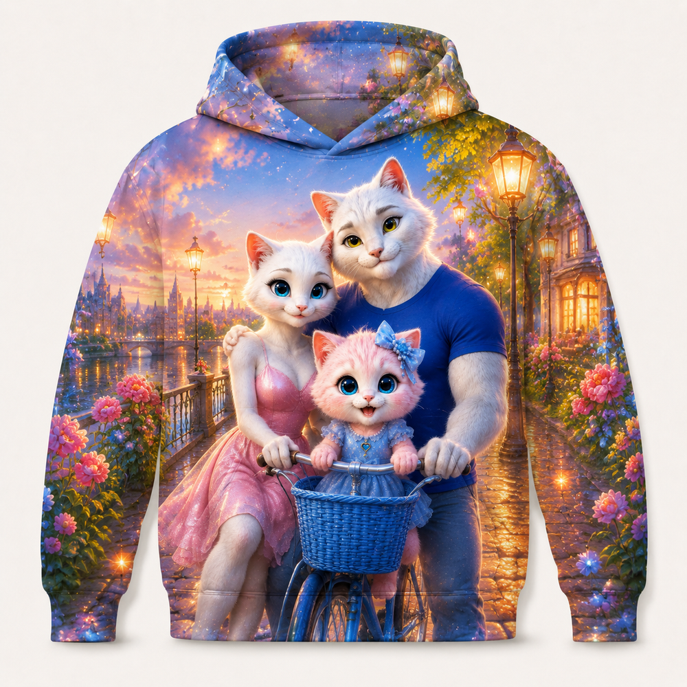 Twilight Bicycle Ride all-over print hoodie front view with the whole cat family — The Fluffy Fam