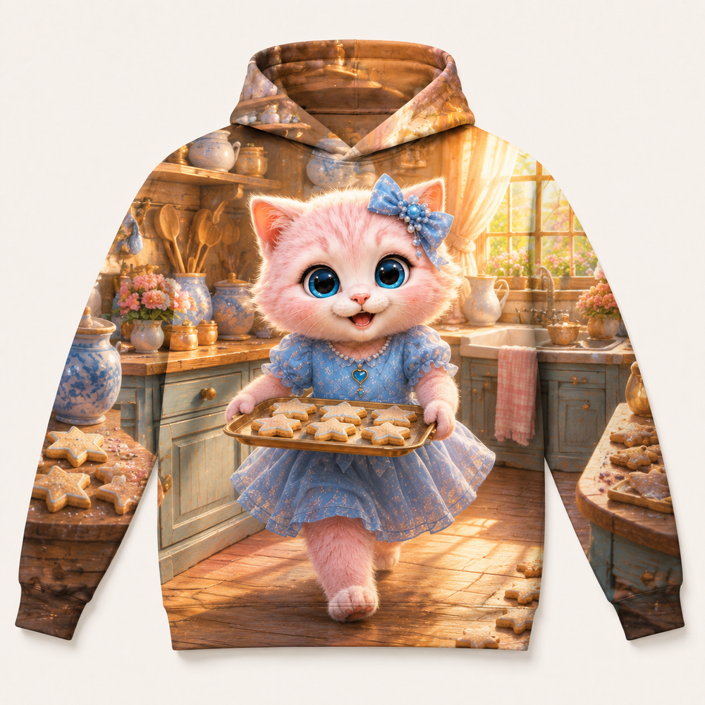Star Cookie Tray all-over print hoodie front view with Pink Kitten — The Fluffy Fam