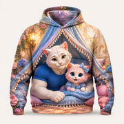 Cozy Blanket Fort all-over print hoodie front view with Dad Cat and Pink Kitten — The Fluffy Fam