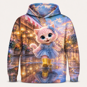 Rainy Reflection Puddle all-over print hoodie front view with Pink Kitten — The Fluffy Fam