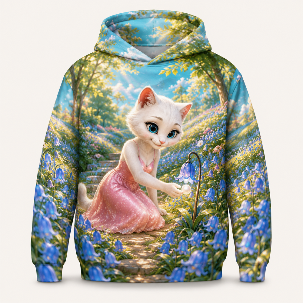 Bluebell Glow Trail all-over print hoodie front view with Mom Cat — The Fluffy Fam