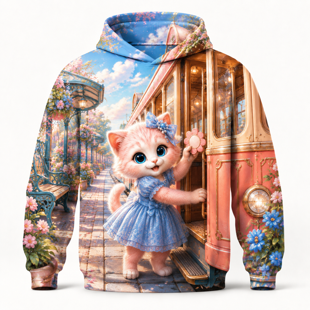 Quiet Evening Tram all-over print hoodie front view with Pink Kitten — The Fluffy Fam