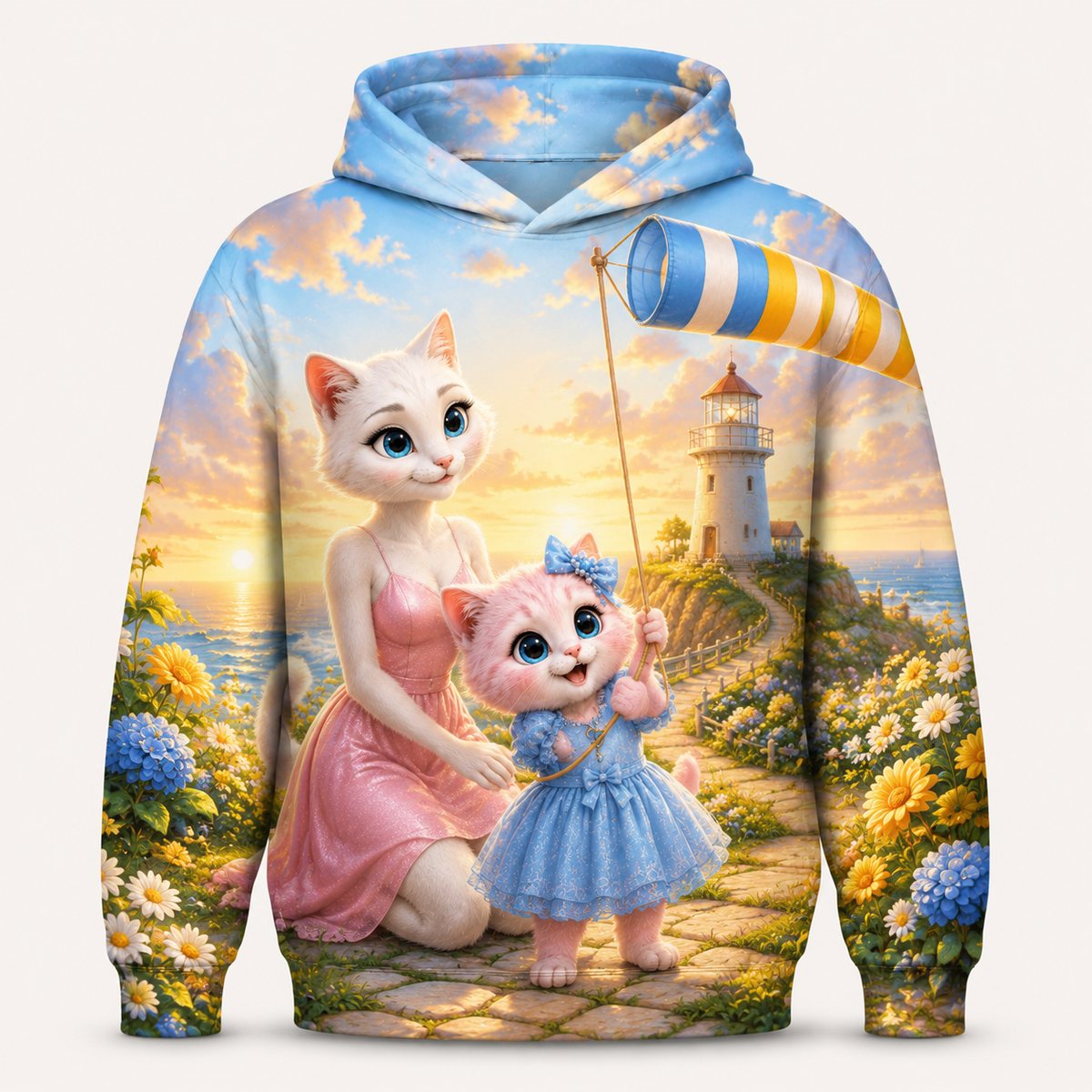 Sunset Lighthouse Walk all-over print hoodie front view with Mom Cat and Pink Kitten — The Fluffy Fam
