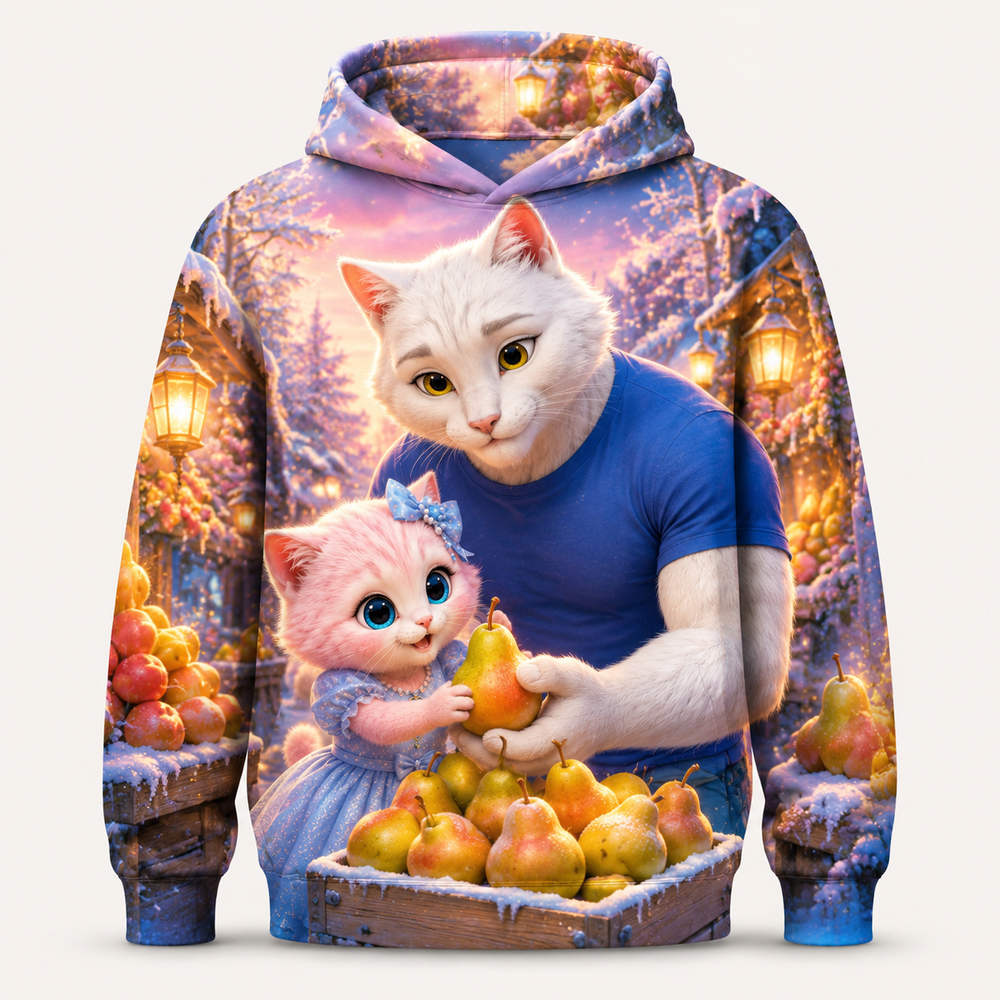 Evening Fruit Cart Glow all-over print hoodie front view with Dad Cat and Pink Kitten — The Fluffy Fam