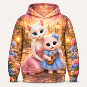 Courtyard Music Hour all-over print hoodie front view with Mom Cat and Pink Kitten — The Fluffy Fam
