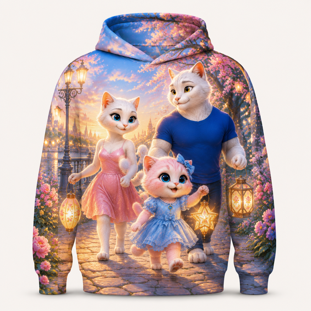 Soft Lantern Parade all-over print hoodie front view with the whole cat family — The Fluffy Fam