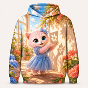 Bright Shadow Puppets all-over print hoodie front view with Pink Kitten — The Fluffy Fam