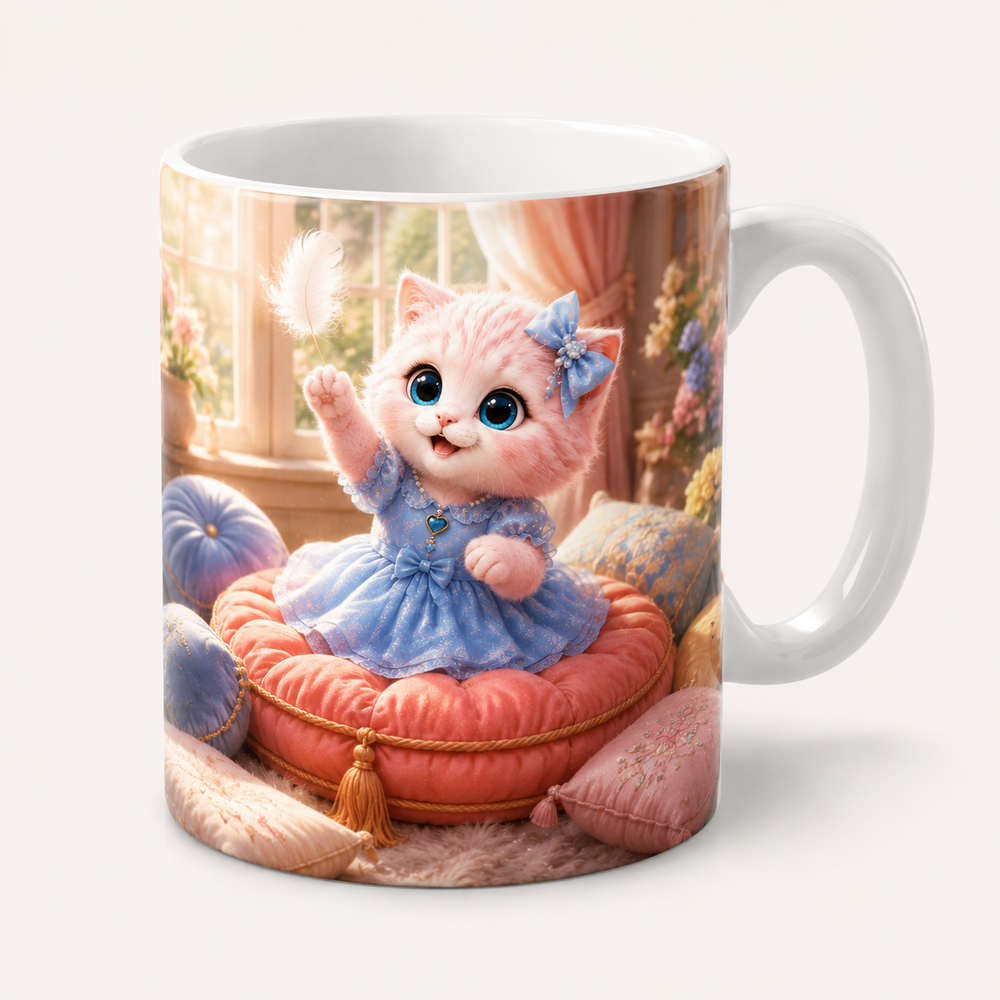 Pillow Feather Float ceramic mug front view with Pink Kitten — The Fluffy Fam