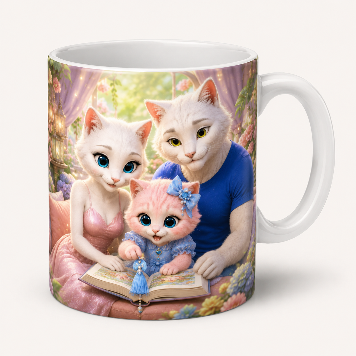 Dream Book Bookmark ceramic mug front view with the whole cat family — The Fluffy Fam
