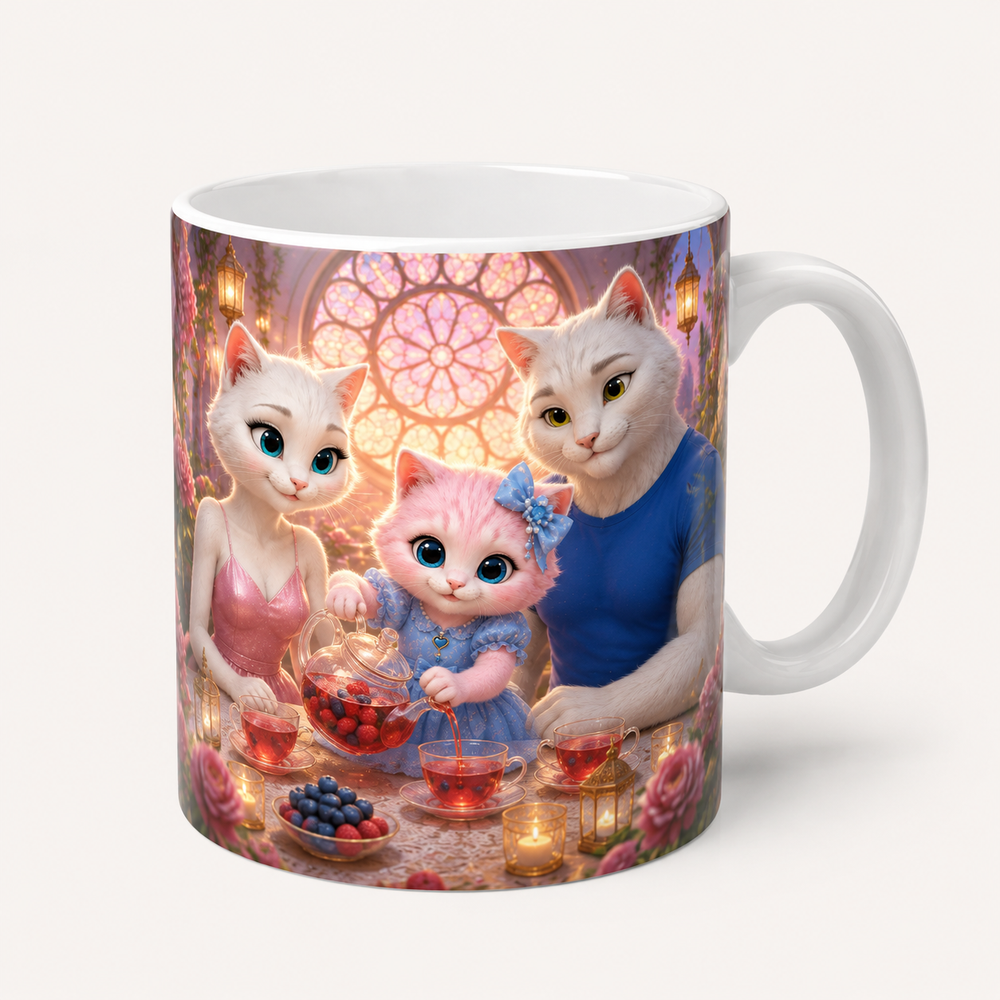 Candlelit Tea Pour ceramic mug front view with the whole cat family — The Fluffy Fam