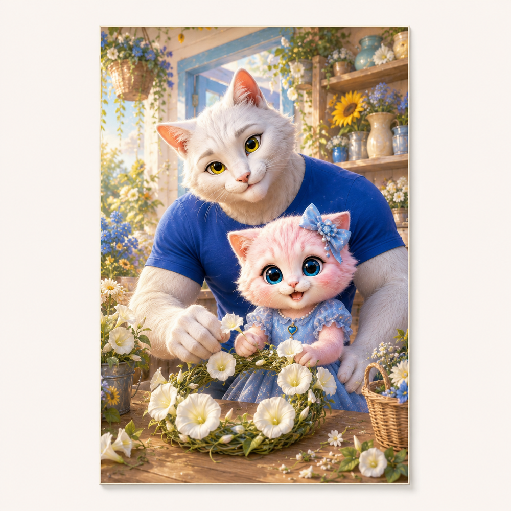 Moonflower Wreath art print front view with Dad Cat and Pink Kitten — The Fluffy Fam