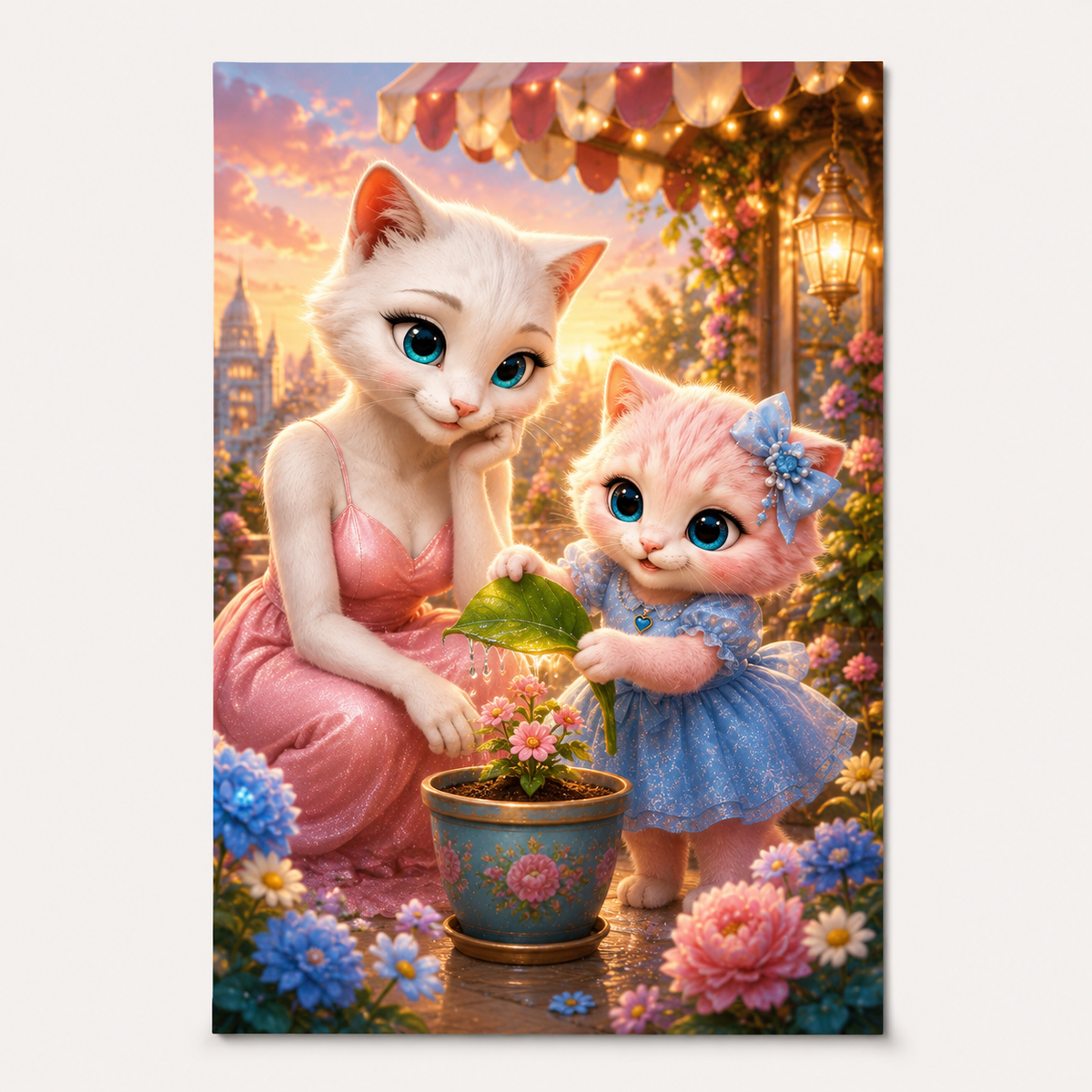 Gentle Evening Rain art print front view with Mom Cat and Pink Kitten — The Fluffy Fam