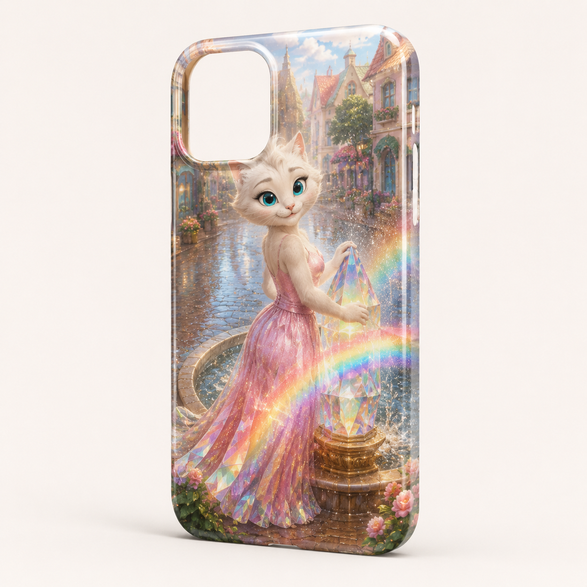 Pearly Fountain Prism phone case front view with Mom Cat — The Fluffy Fam