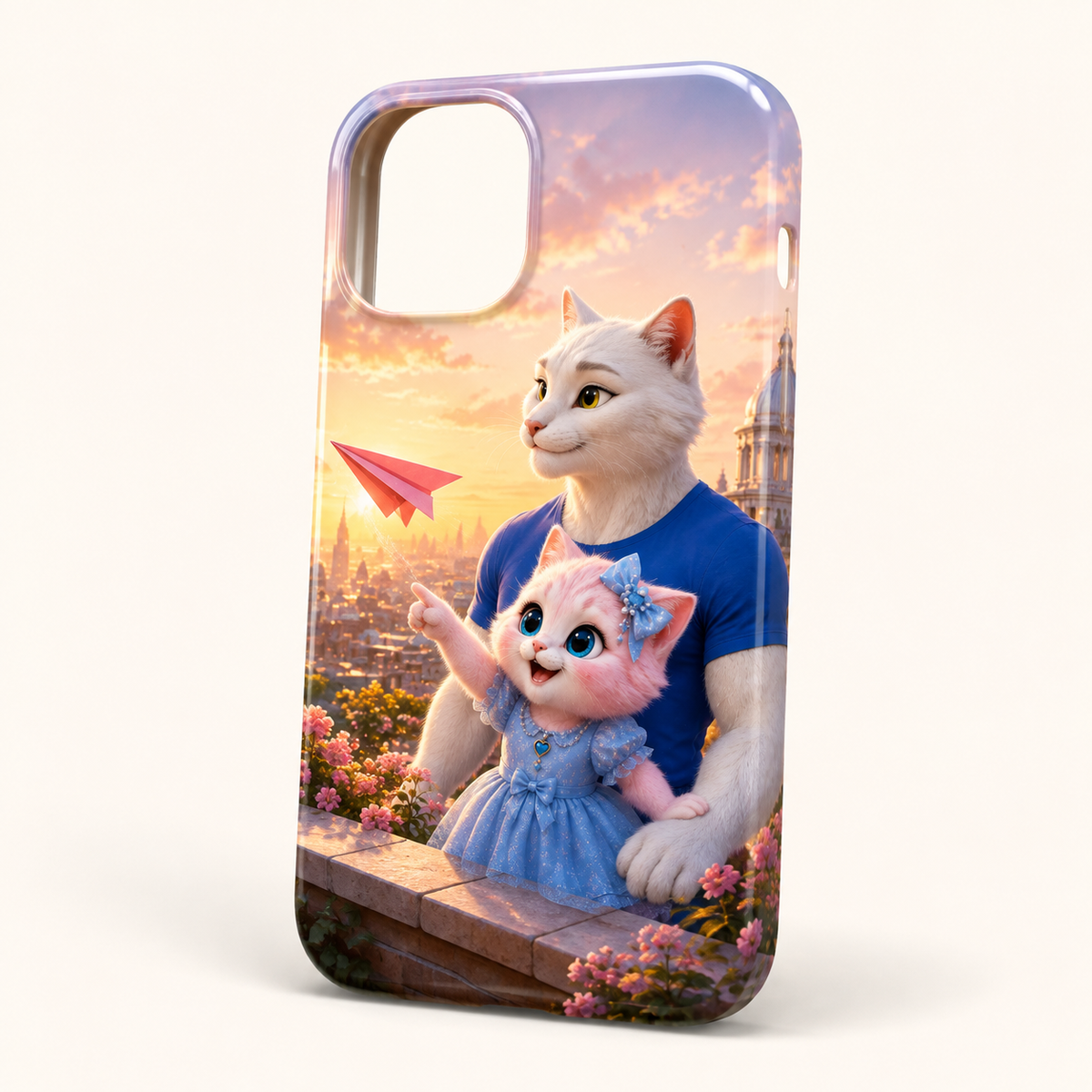 Twilight Paper Plane phone case front view with Dad Cat and Pink Kitten — The Fluffy Fam