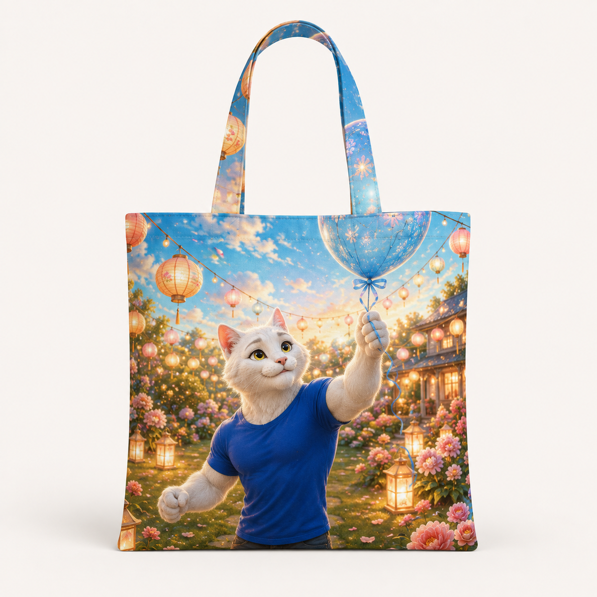 Last Balloon Catch canvas tote bag front view with Dad Cat — The Fluffy Fam