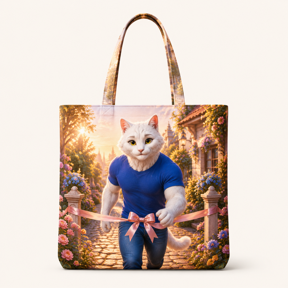 Homeward Ribbon Trail canvas tote bag front view with Dad Cat — The Fluffy Fam
