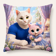 Bedside Flower Vase throw pillow front view with Dad Cat and Pink Kitten — The Fluffy Fam