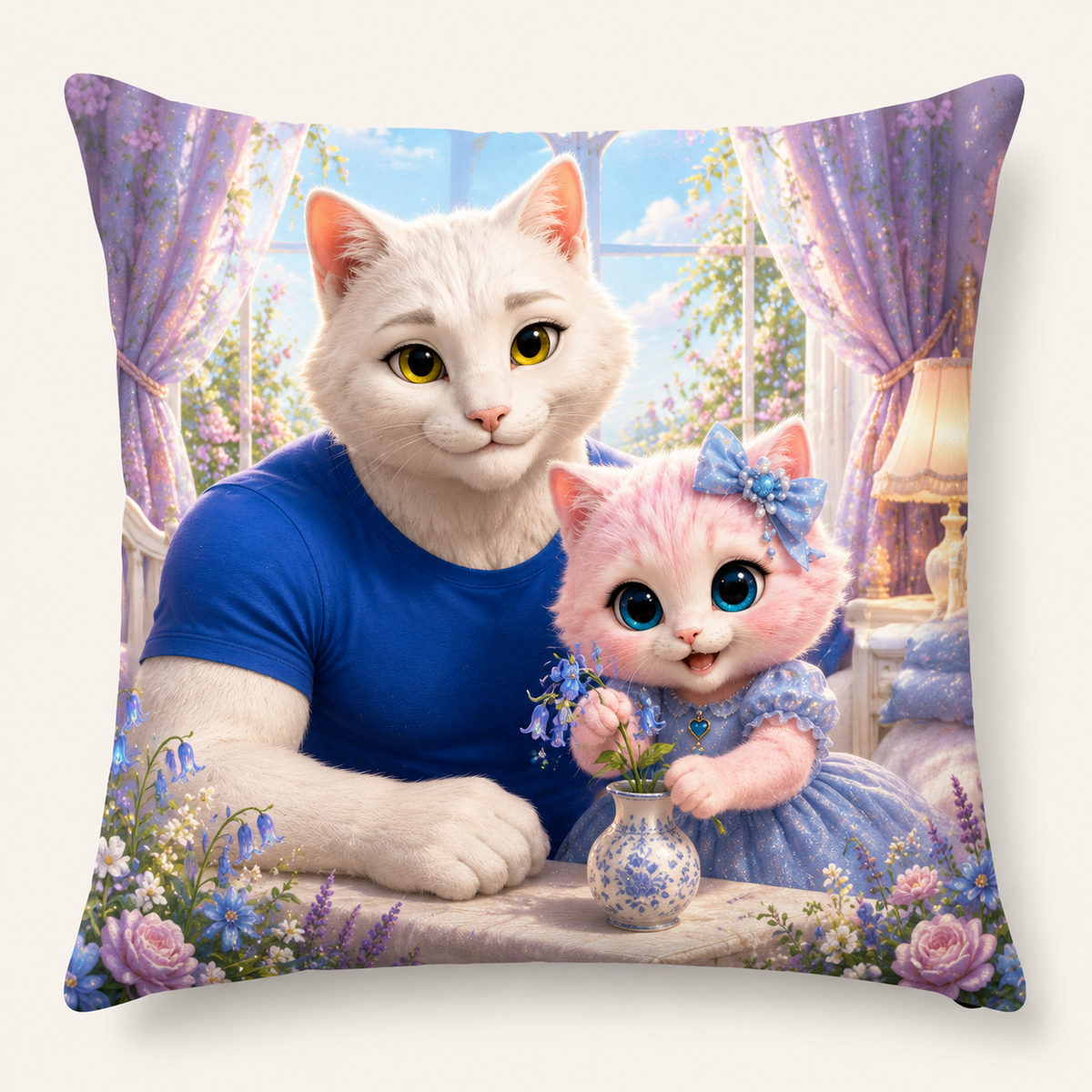 Bedside Flower Vase throw pillow front view with Dad Cat and Pink Kitten — The Fluffy Fam