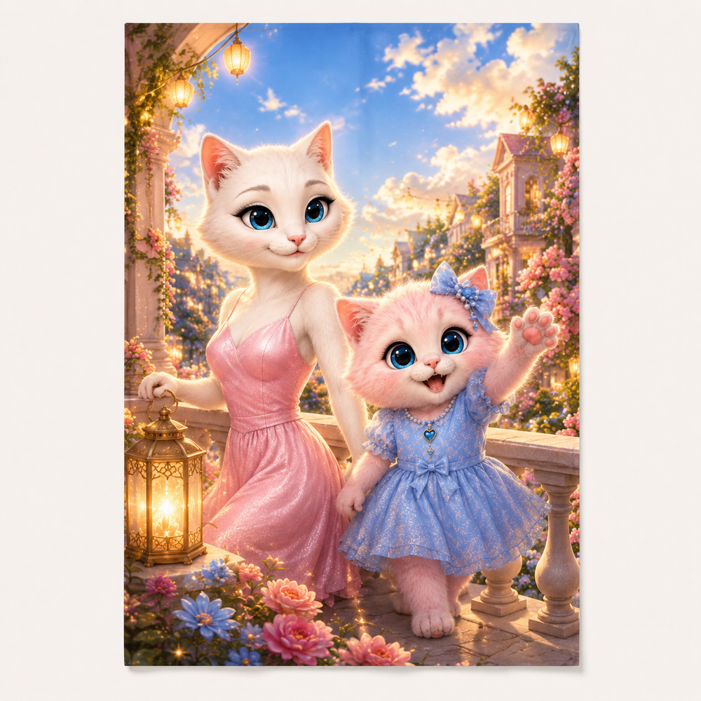 Balcony Goodnight Wave art print front view with Mom Cat and Pink Kitten — The Fluffy Fam