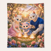 Family Lantern Circle fleece blanket front view with the whole cat family — The Fluffy Fam
