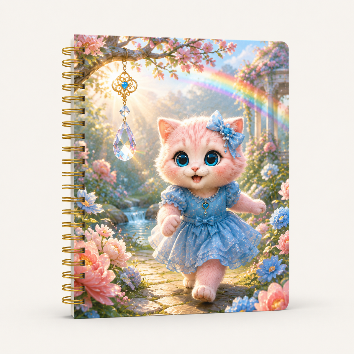 Dawn Rainbow Return notebook cover front view with Pink Kitten — The Fluffy Fam