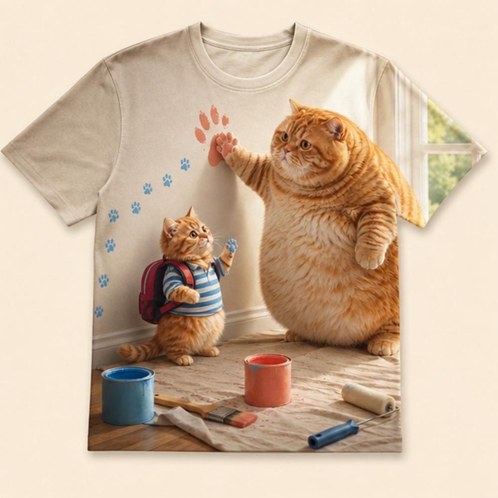 Chubby & Chubby Jr — Pawprint Wall Cinematic Close-Up T-Shirt — front view