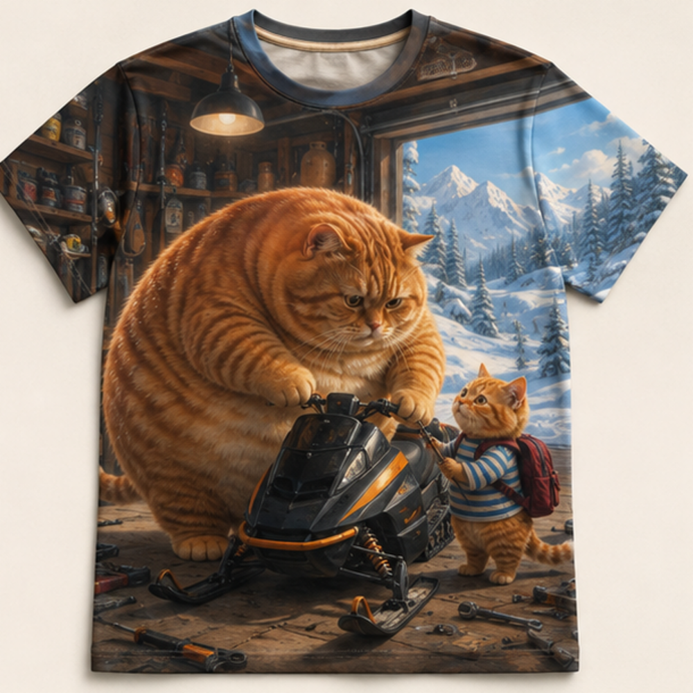 Chubby & Chubby Jr — Snowmobile Workshop Cinematic Close-Up T-Shirt — front view