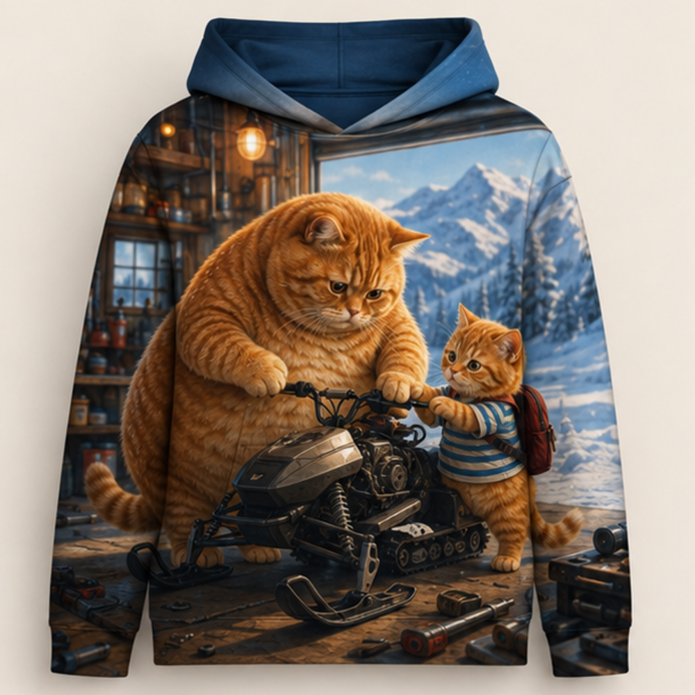 Chubby & Chubby Jr — Snowmobile Workshop Story-Back All-Over Hoodie — front view