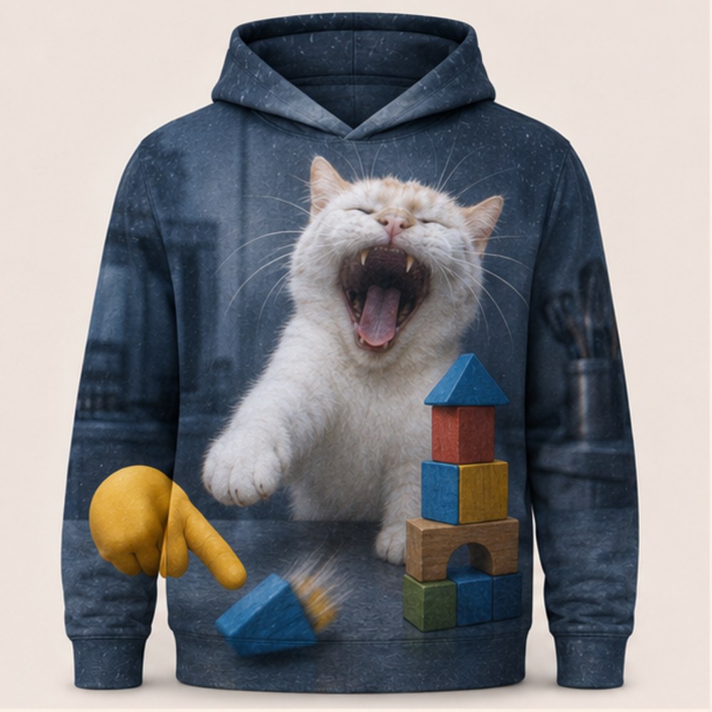 Laughing Cat: Direct Hit — AOP Hoodie — front view