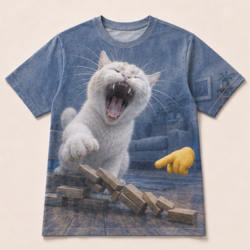 Laughing Cat: Direct Hit / Floor-Level Witness — AOP T-Shirt — front view